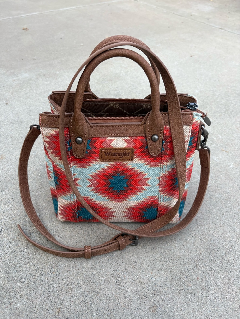 Wrangler Brown Faux-Leather Crossbody with Red and Teal Aztec Pattern
